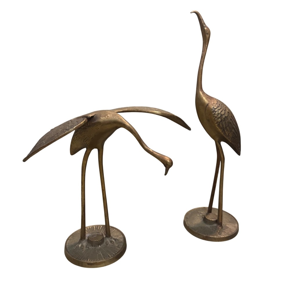 Vintage MCM Leonardo Solid Brass set 2 Heron Crane Hollywood Regency Sculptures